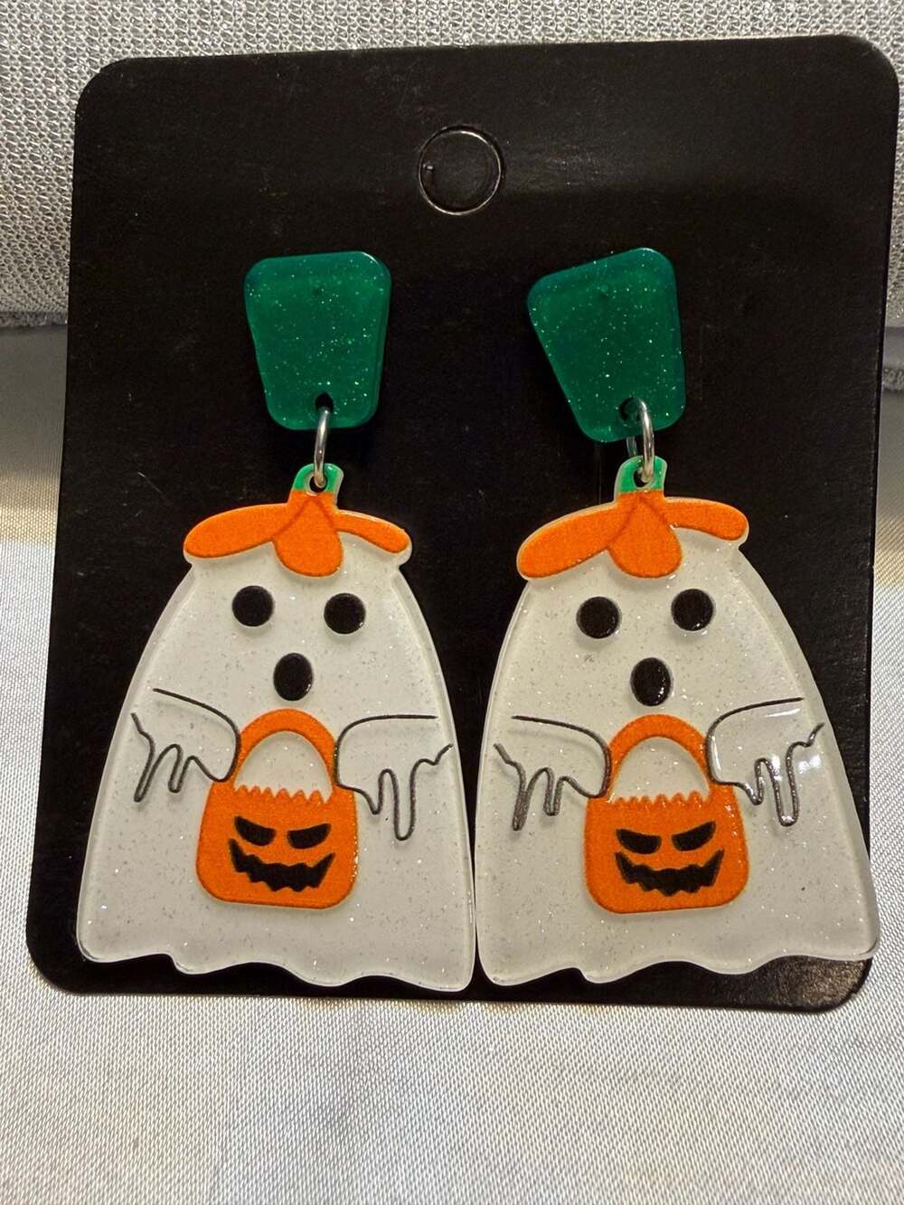 Spooky Cute Acrylic Ghost With Pumpkin Bucket Dangle Earrings